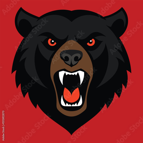 A close-up illustration of an angry bear's face with red eyes.