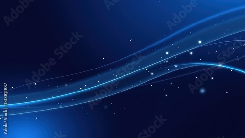 Abstract digital art of curved light trails and scattered particles on a dark blue gradient background