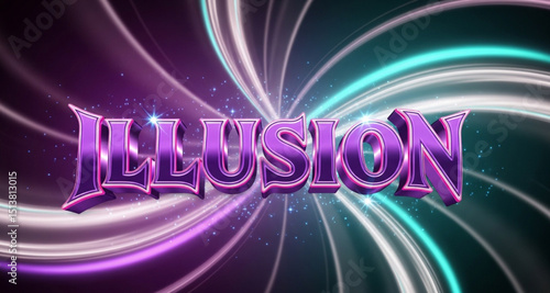 Illusion Text with Neon Swirls Background | Purple Word Design for Entertainment, Magic Shows and Deceptive Visuals