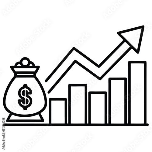 A growing money bag with a dollar sign shows increasing finance graph