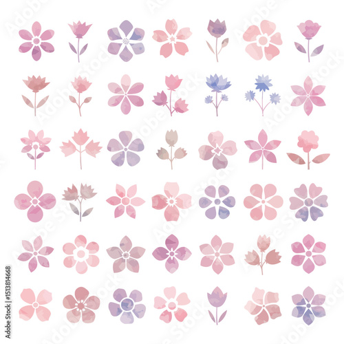 Variety of Small Watercolor Flowers Illustration in Purple Tones	