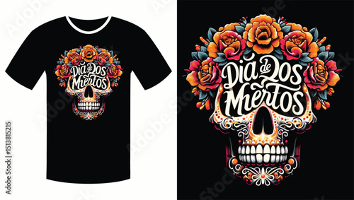 Floral Skull with Vibrant Orange Script: A Día de los Muertos Illustration T Shirt