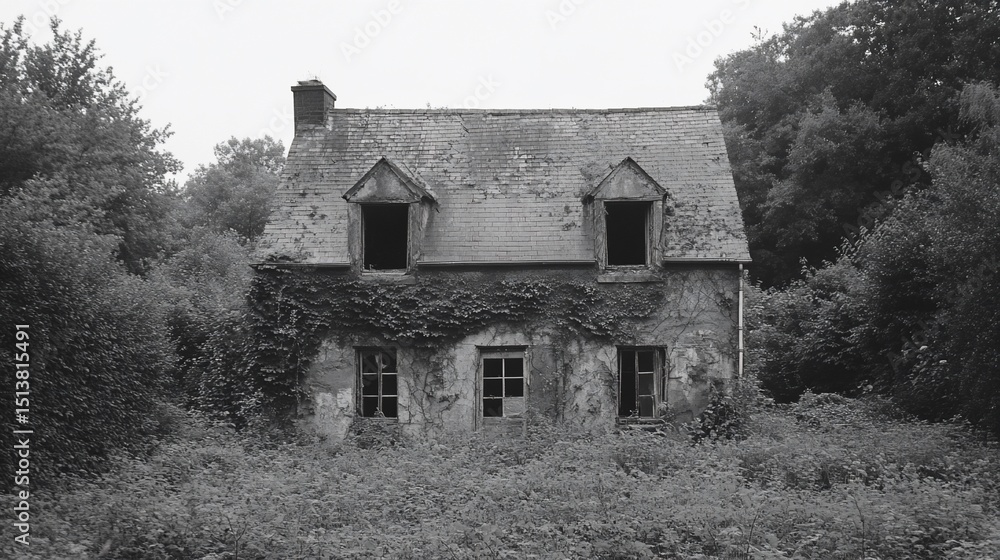 Desolate beauty: An abandoned house succumbs to nature's embrace in monochrome Desolate beauty: An abandoned house succumbs to nature's embrace in monochrome
