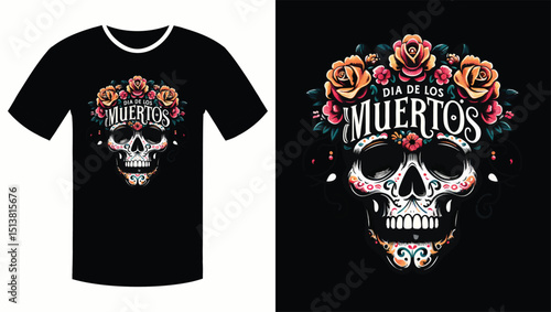 Floral Skull with Vibrant Orange Script: A Día de los Muertos Illustration T Shirt