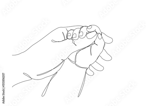 One line drawing of a mother holding her baby’s hand, symbolizing love and maternal bond. Vector illustration, Editable stroke
