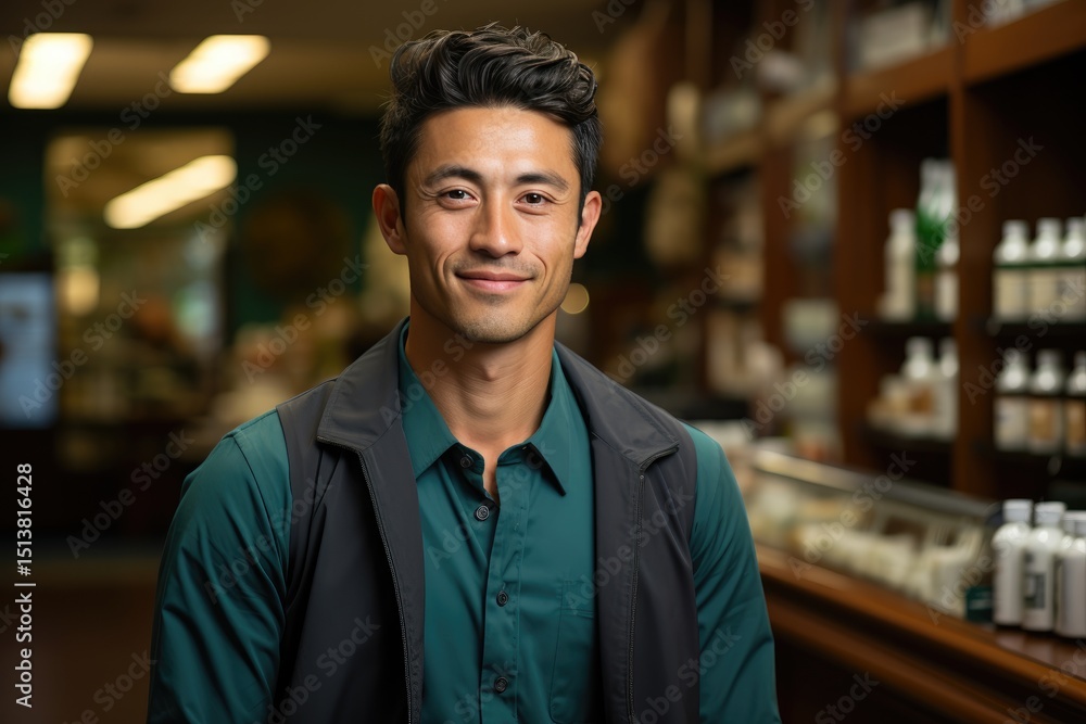 A confident young man poses for a portrait in a store filled with wellness products, showcasing his approachable demeanor and charming smile that invites trust. A confident young man poses for a portrait in a store filled with wellness products, showcasing his approachable demeanor and charming smile that invites trust.