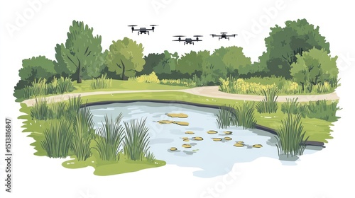 Park scene with drones