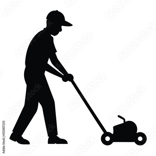 Isolated Silhouette of Man Mowing Lawn with Push Mower