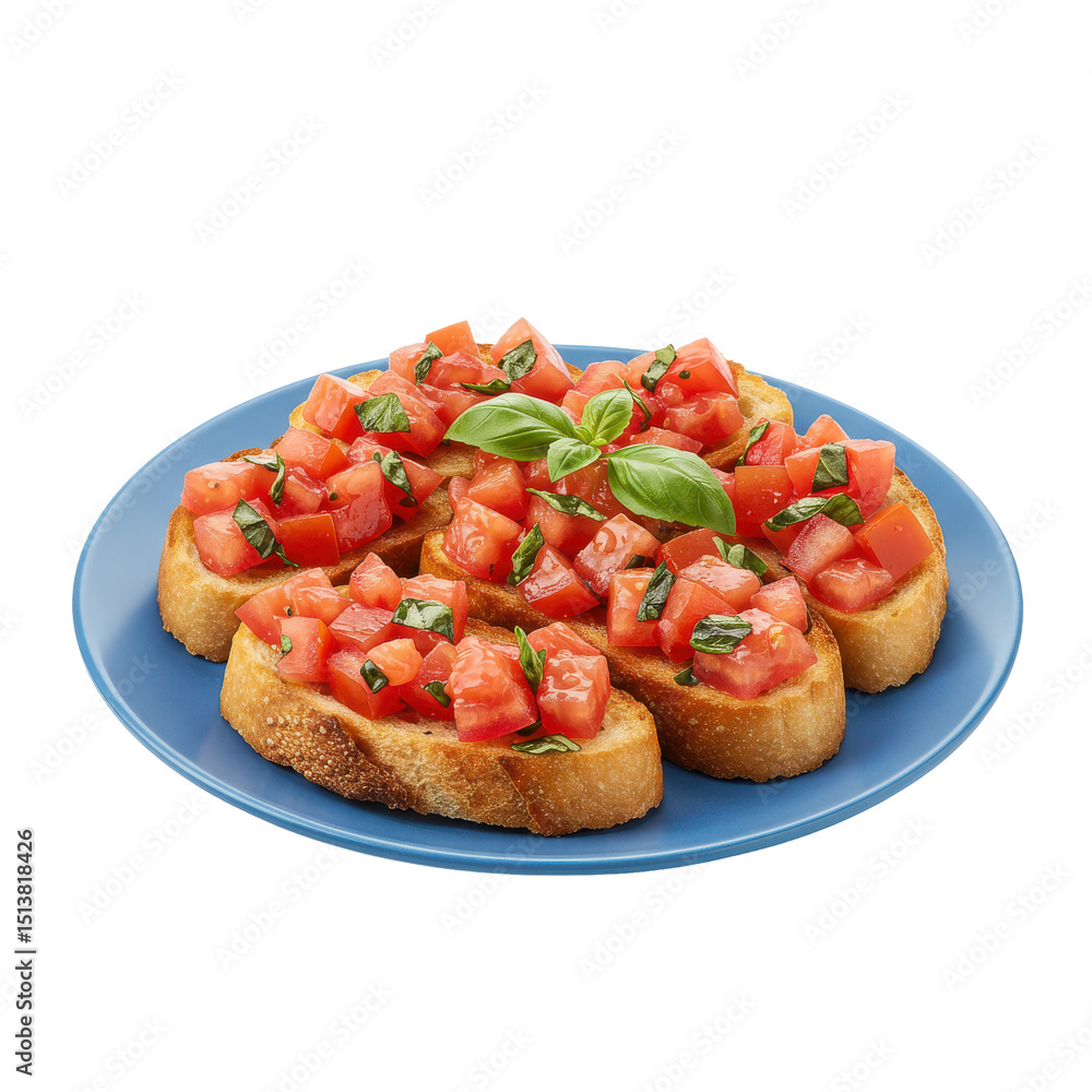 Freshly prepared bruschetta with tomatoes and basil on a blue plate, ideal for appetizers Freshly prepared bruschetta with tomatoes and basil on a blue plate, ideal for appetizers