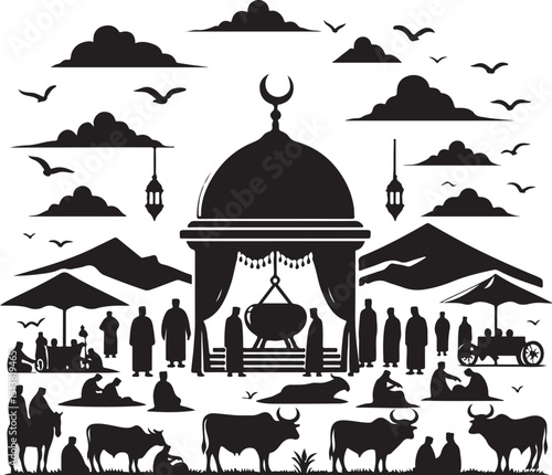 "Qurbani Scene Vector Illustration with Mosque, Crescent Moon, and Islamic People in Prayer"