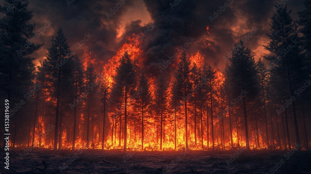 Devastating forest fire engulfs trees under a smoke-filled sky creating chaos Devastating forest fire engulfs trees under a smoke-filled sky creating chaos