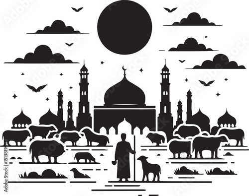 "Qurbani Scene Vector Illustration with Mosque, Crescent Moon, and Islamic People in Prayer"