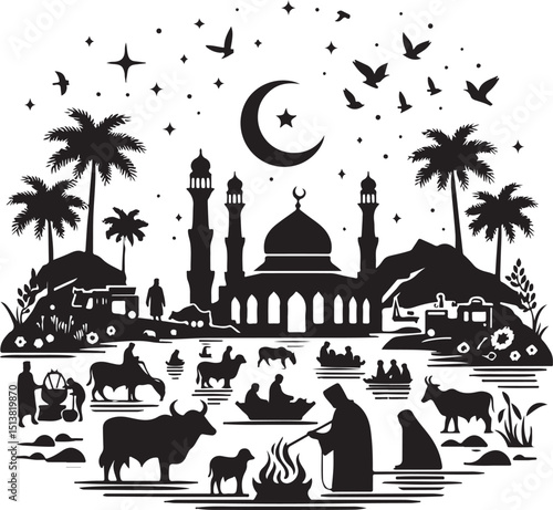 "Qurbani Scene Vector Illustration with Mosque, Crescent Moon, and Islamic People in Prayer"