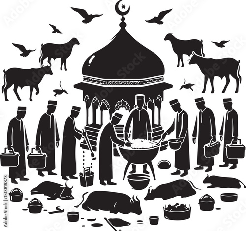"Qurbani Scene Vector Illustration with Mosque, Crescent Moon, and Islamic People in Prayer"