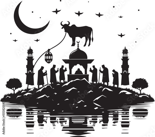 "Qurbani Scene Vector Illustration with Mosque, Crescent Moon, and Islamic People in Prayer"