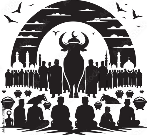 "Qurbani Scene Vector Illustration with Mosque, Crescent Moon, and Islamic People in Prayer"