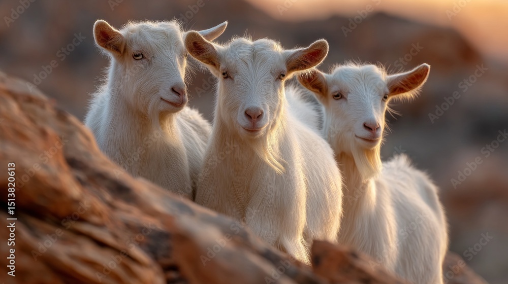 In a picturesque farming landscape, three goats climb over rugged rocks as the warm glow of sunset envelopes the scene. Their graceful movements highlight the natural beauty of the area In a picturesque farming landscape, three goats climb over rugged rocks as the warm glow of sunset envelopes the scene. Their graceful movements highlight the natural beauty of the area