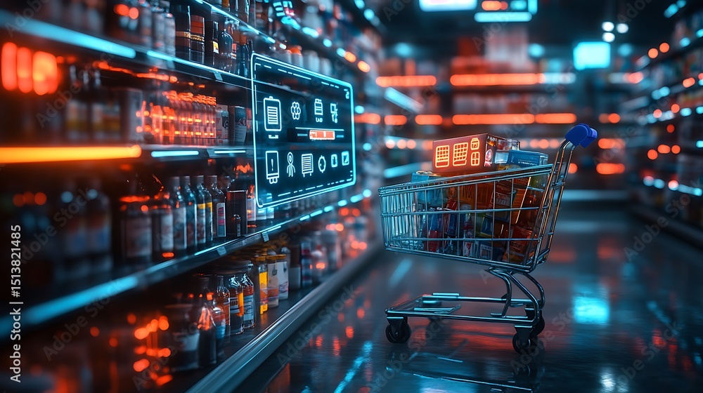 Futuristic Shopping Cart in Digital Supermarket Futuristic Shopping Cart in Digital Supermarket