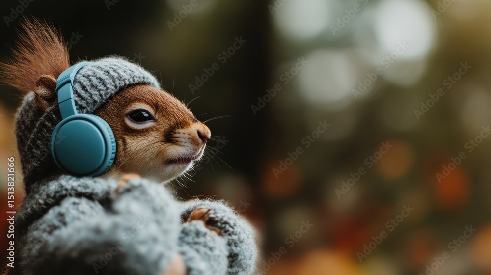 A cute squirrel dressed in a cozy hat and headphones, striking an inquisitive pose amidst a blurred natural background, showcasing an adorable blend of nature and creativity. A cute squirrel dressed in a cozy hat and headphones, striking an inquisitive pose amidst a blurred natural background, showcasing an adorable blend of nature and creativity.