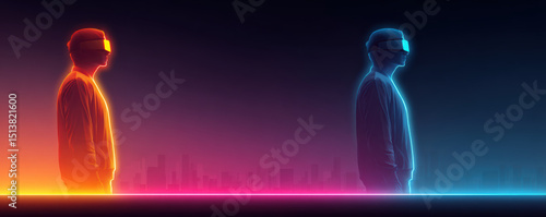 Futuristic gamer festival with two glowing avatars facing each other in neon cityscape, creating immersive digital atmosphere