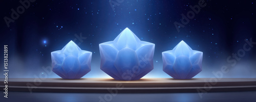Glowing blue crystal shapes on smooth surface under starry night sky, emitting calm and mystical atmosphere