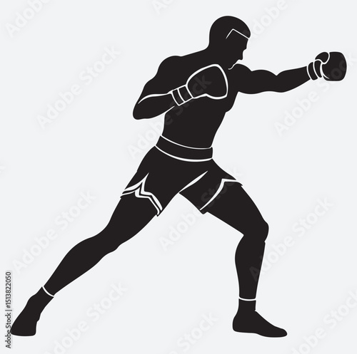 boxer in style mid fight pose silhouette vector art illustration, silhouette of a boxer