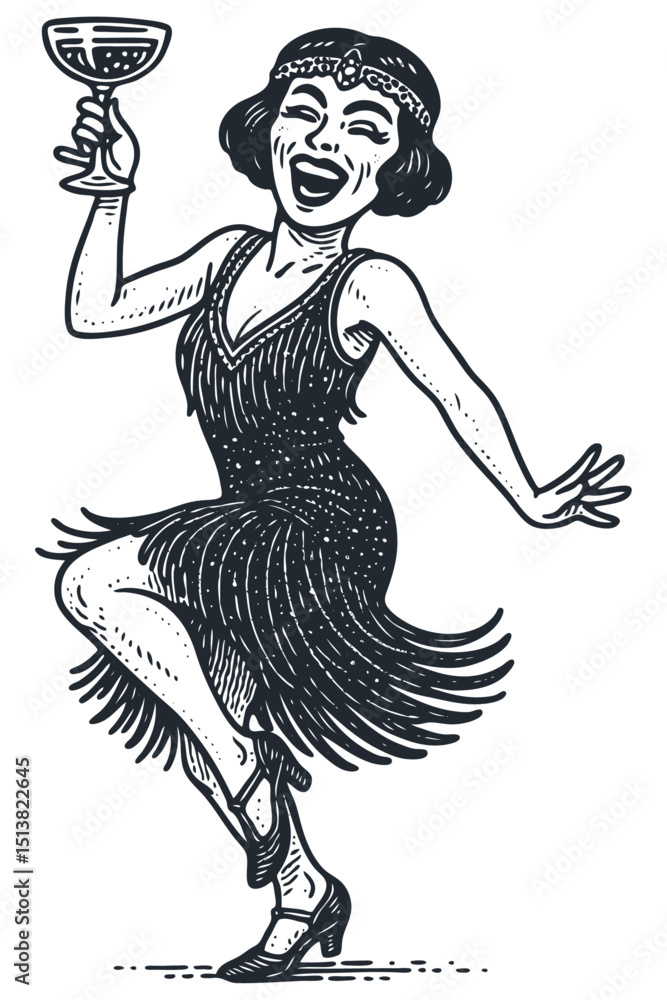 Fototapeta premium Vintage vector illustration: joyful 1920s flapper woman in fringe dress & headband, dancing & toasting with champagne. Retro Art Deco party style.