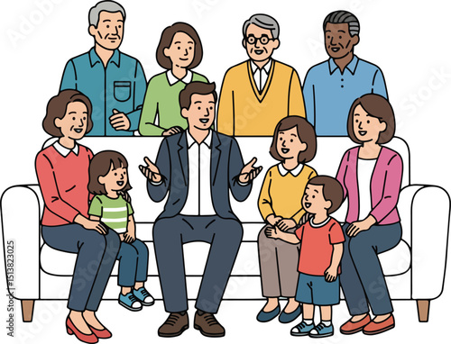 a family gathering, with a client seated on a white couch, engaging in a conversation with family members.