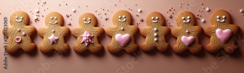 Several ginger cookies with pink icing and sprinkles on a pink surface christmas background