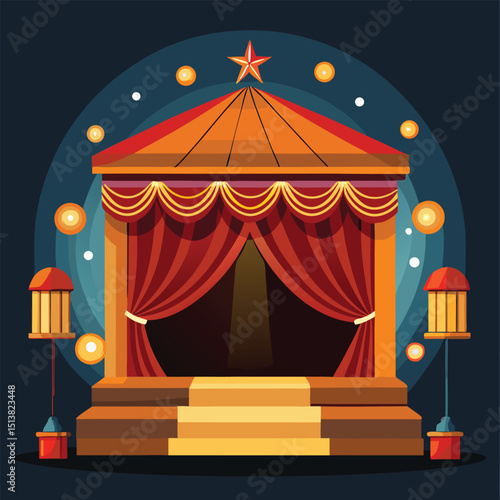 Colorful illustrated stage design with red curtains and ornate lanterns for theatrical performance
