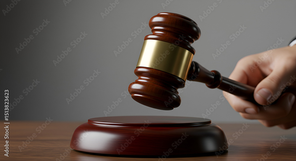 A hand holds a gavel about to strike its base, commonly associated with law and the courtroom. The image is used to indicate files ready for submission on a stock photo website. A hand holds a gavel about to strike its base, commonly associated with law and the courtroom. The image is used to indicate files ready for submission on a stock photo website.