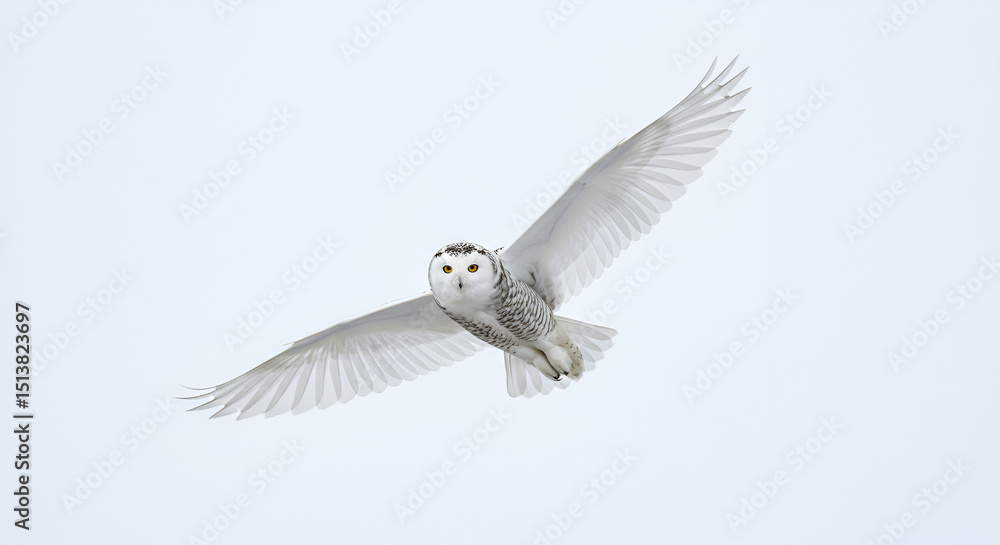 Obraz premium A snowy owl flies with open wings, facing towards the viewer. white background