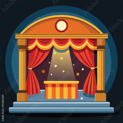 Colorful theatrical stage vector illustration depicting curtains spotlight and performance space