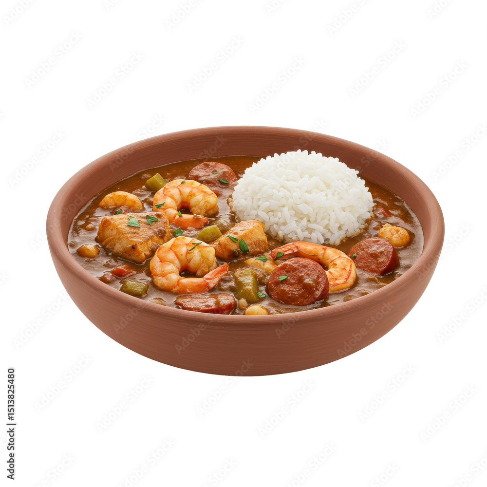 A delicious bowl of shrimp gumbo with sausage and white rice, garnished with herbs A delicious bowl of shrimp gumbo with sausage and white rice, garnished with herbs