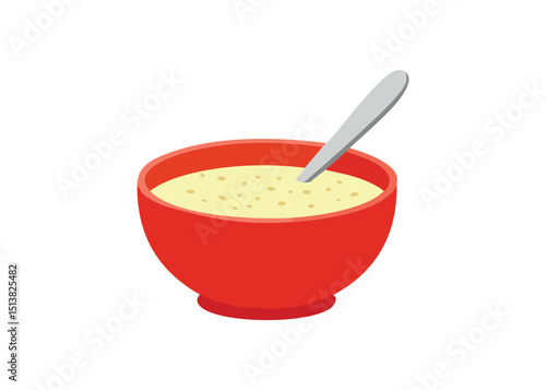 Vector illustration of a red bowl filled with creamy oatmeal and a silver spoon