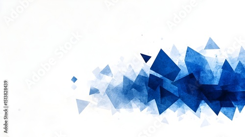 Abstract watercolor-style artwork featuring a cluster of dark blue, geometric shapes?primarily triangles and squares?scattered across a white background, creating a dynamic, textured effect