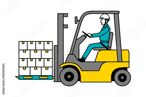 フォークリフトで荷物を運ぶ作業員の男性