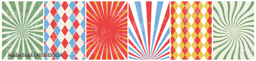circus retro background set. vintage carnival template for poster with sunburst, swirl and rhomb