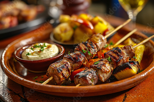 A photorealistic view of a Spanish pinchos morunos