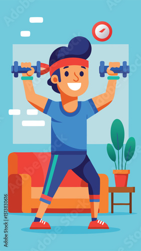 Happy cartoon man exercising with dumbbells at home for a healthy lifestyle