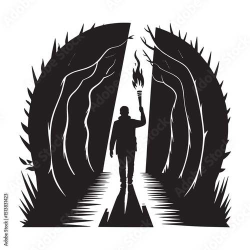 Silhouette Illustration A Man with Torch in Dark Forest Adventure, Mystery, and Exploration Concept on Black Background