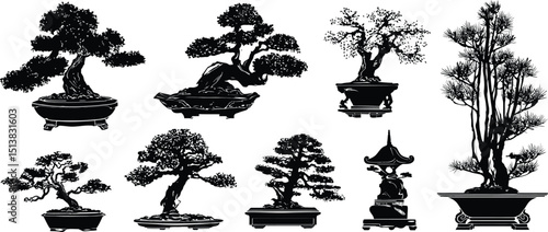 Elegant Bonsai Tree Silhouette Collection – Decorative Miniature Trees for Zen and Nature-Inspired Designs