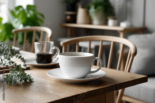 Wallpaper Mural Morning moment with two cups of coffee on a wooden table in a cozy cafe or home setting Torontodigital.ca