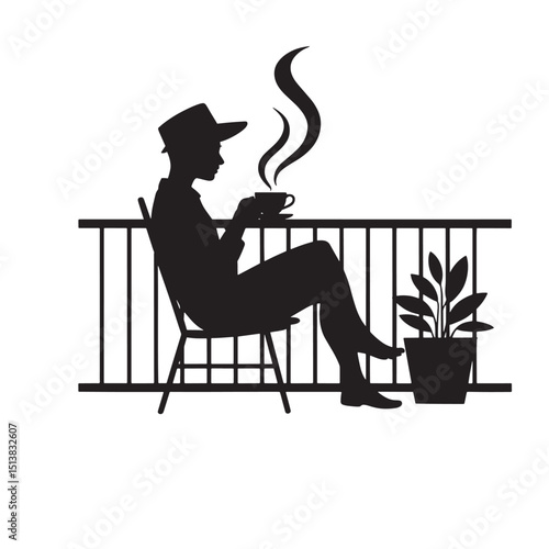 Silhouette of Person Relaxing with Coffee on Balcony, Outdoor Leisure, Contemplation, Urban Living, Black Background