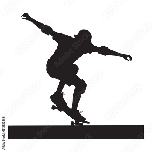 Skateboarder Silhouette Executing a Grind on a Ledge Against Black Backdrop for Urban Culture and Sports Designs