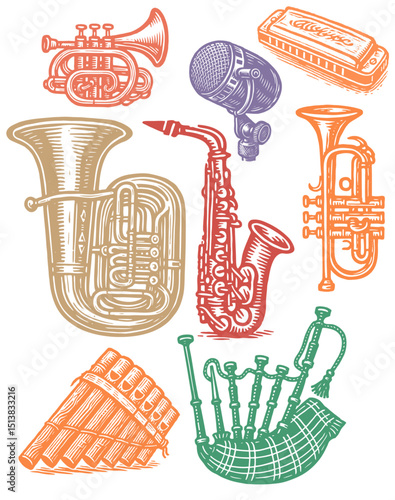 Colorful vector set of musical wind instruments: saxophone, tuba, trumpet, cornet, bagpipes, pan flute, harmonica & microphone. Vintage linocut style.