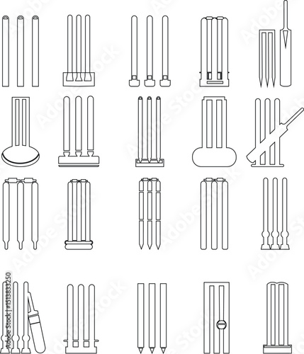 Cricket wicket icon set . trendy flat and line styles. Cricket game vector isolated on transparent background. cricket tournament wicket out elements template. vintage for clubs and team. Sports sign