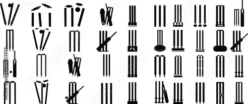Cricket wicket icon set . trendy flat and line styles. Cricket game vector isolated on transparent background. cricket tournament wicket out elements template. vintage for clubs and team. Sports sign