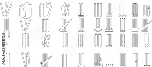 Cricket wicket icon set . trendy flat and line styles. Cricket game vector isolated on transparent background. cricket tournament wicket out elements template. vintage for clubs and team. Sports sign
