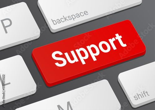 Close Up Support Button on Laptop or Computer Keyboard for Customer Service, Technical Help, Assistance, and Technology 3D Illustration